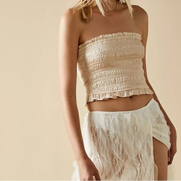 Free People Tops - NWOT Free People Be Right Back Tube Smocked Ruffled Cream Strapless Shiny Chic